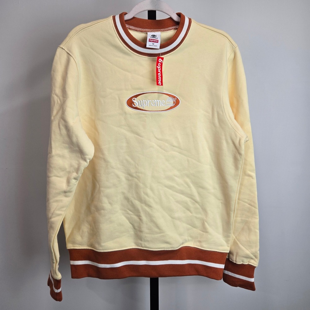 Supreme Timberland Crewneck Yellow Orange Striped Logo Sweatshirt Ringer M NEW